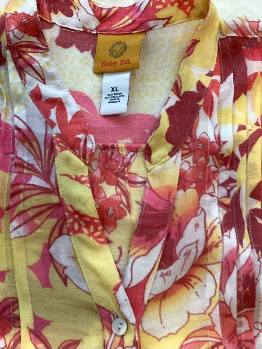 Ruby Rd. Yellow & Coral Floral Pintuck Button-Front Blouse - Picture 2 of 6